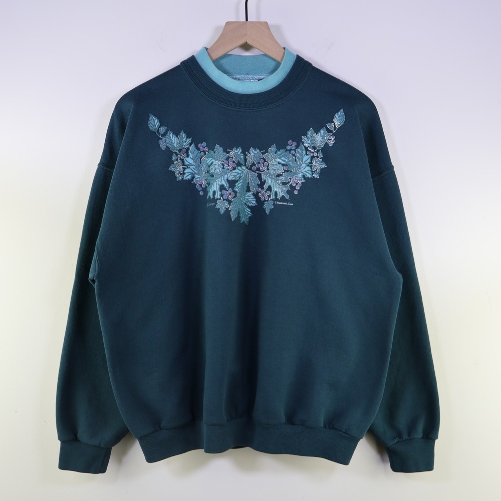 Vintage 90s Morning Sun Leaves & Berries Graphic Sweatshirt XL Oversized Green